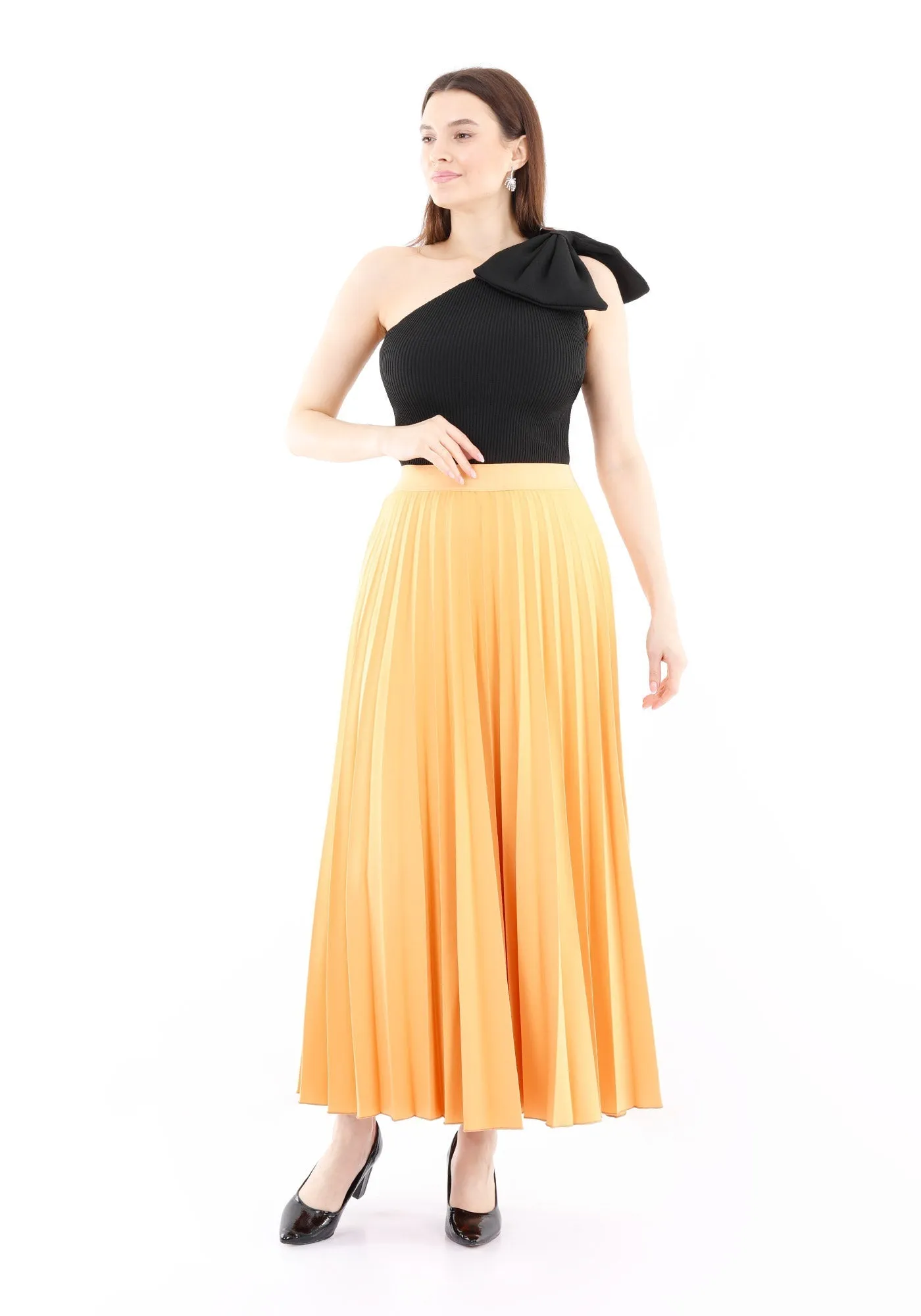 Pleated Ankle Length Skirt - Maxi Skirt Elastic Waist Band