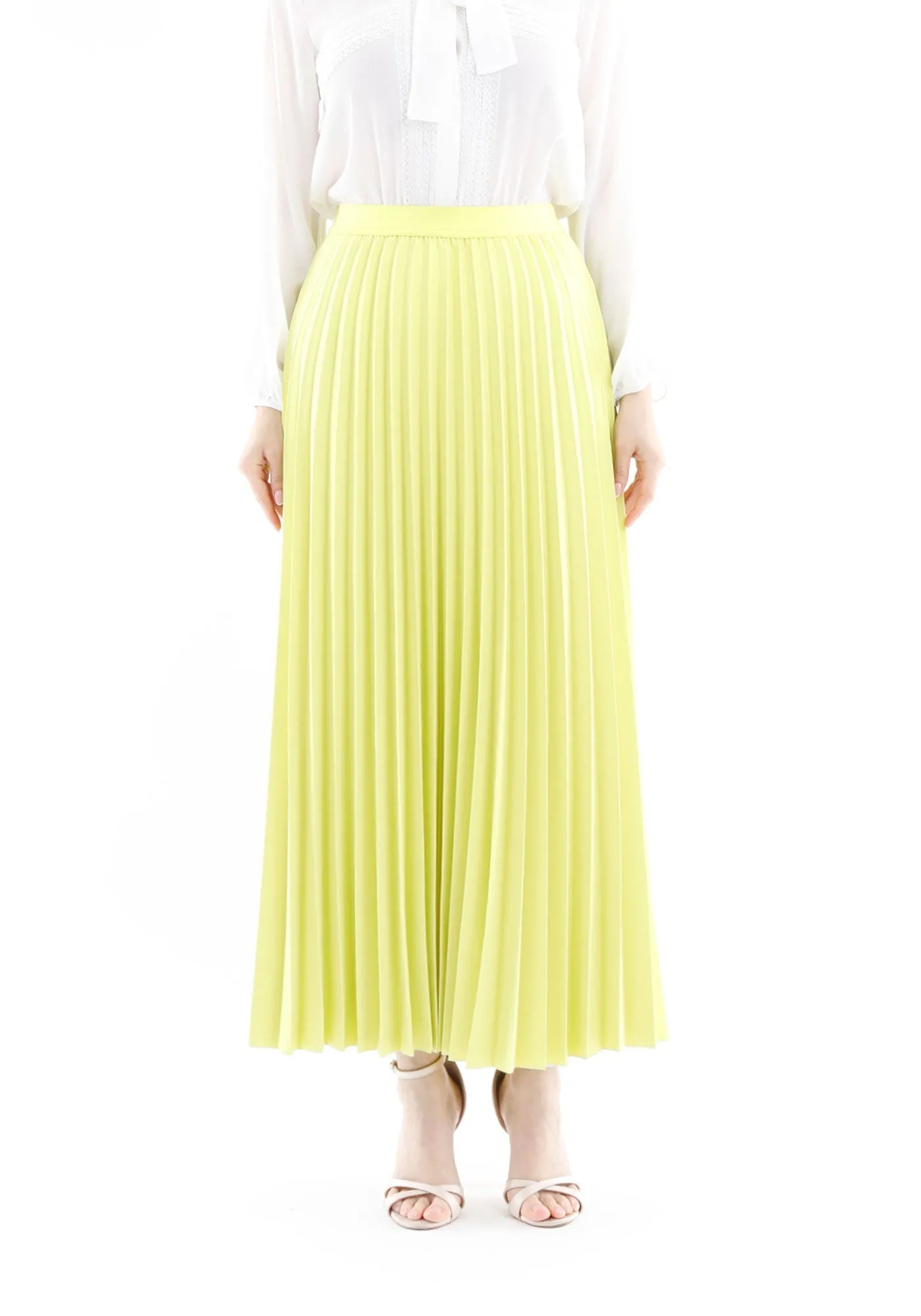 Pleated Ankle Length Skirt - Maxi Skirt Elastic Waist Band