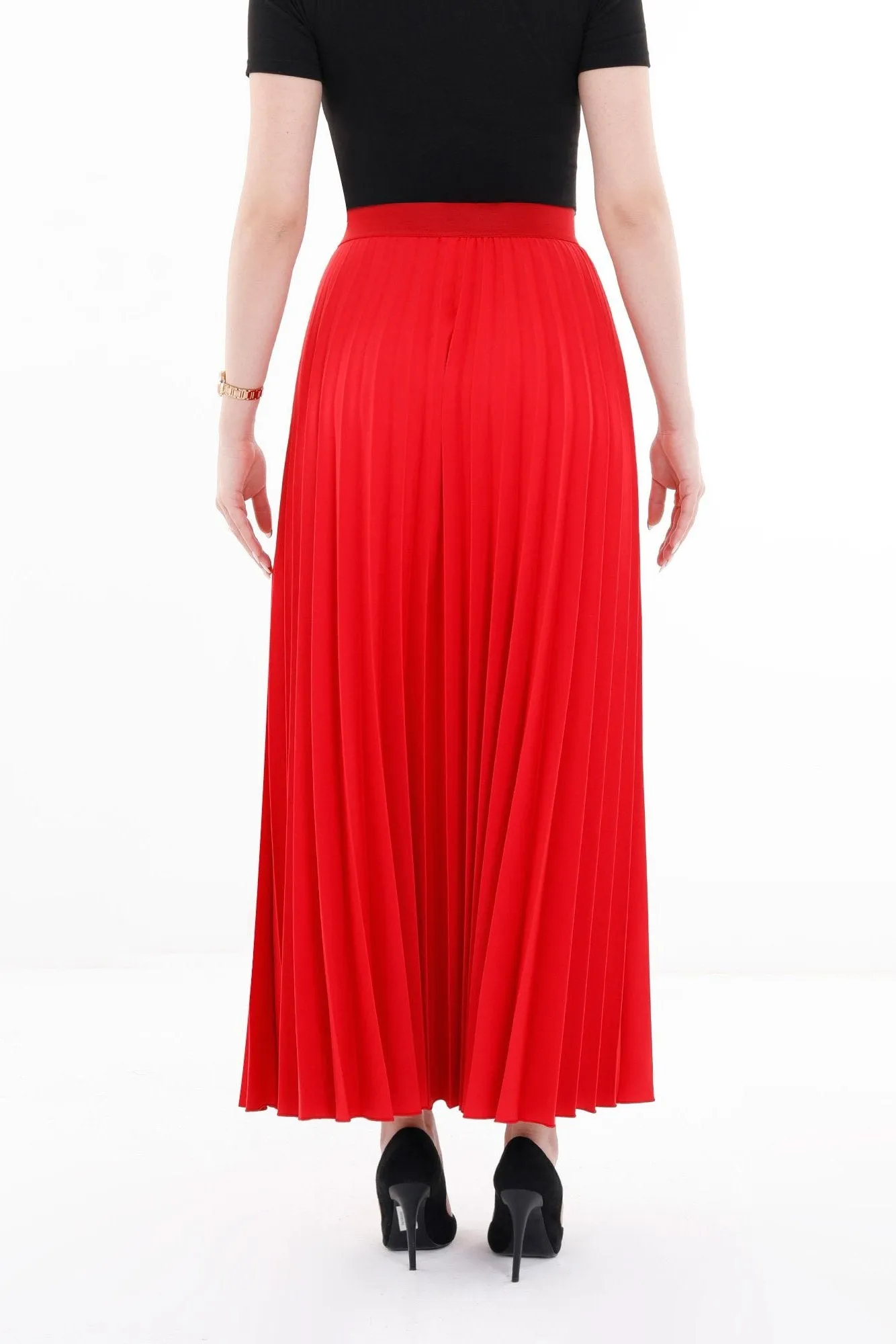 Pleated Ankle Length Skirt - Maxi Skirt Elastic Waist Band