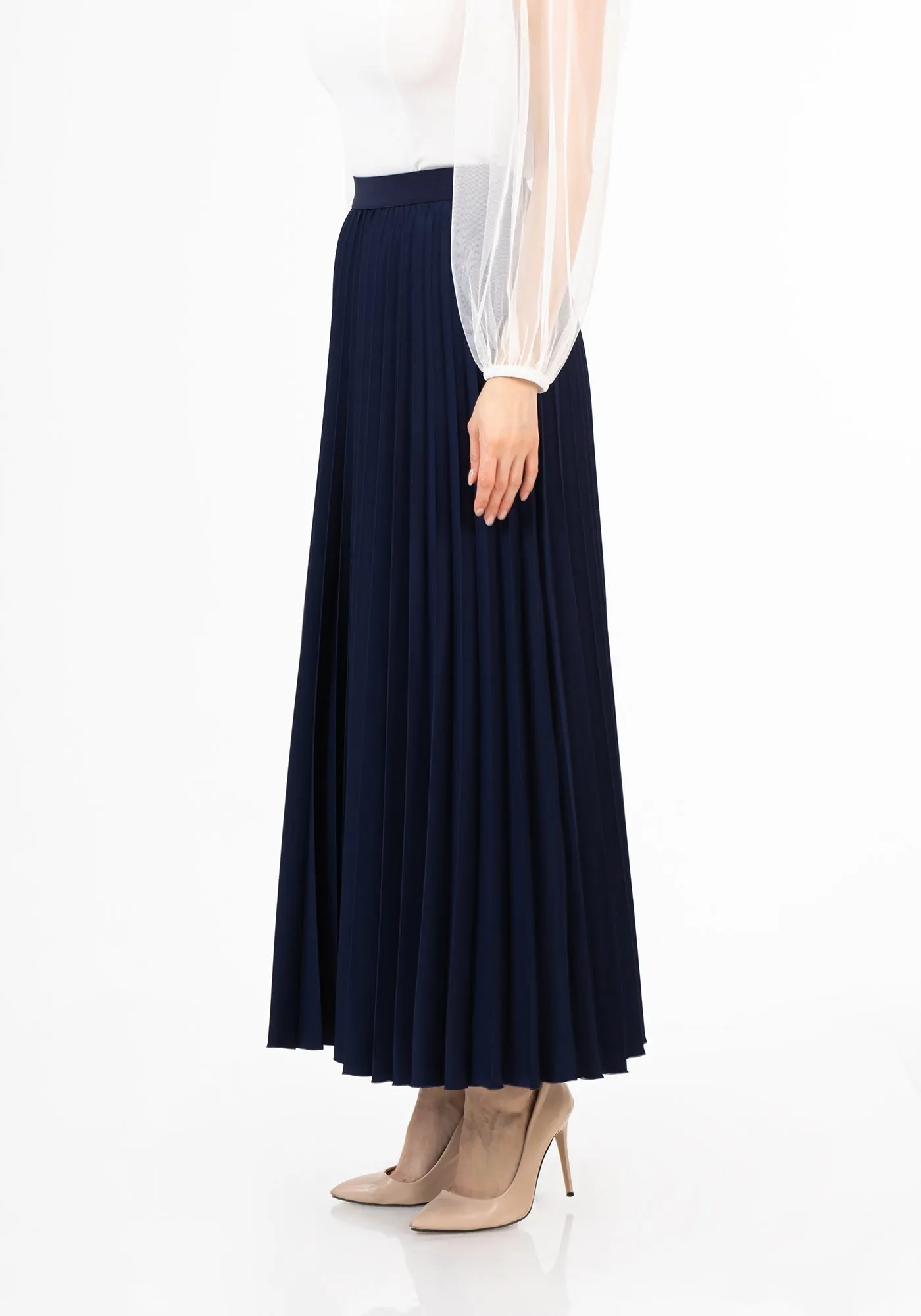 Pleated Ankle Length Skirt - Maxi Skirt Elastic Waist Band