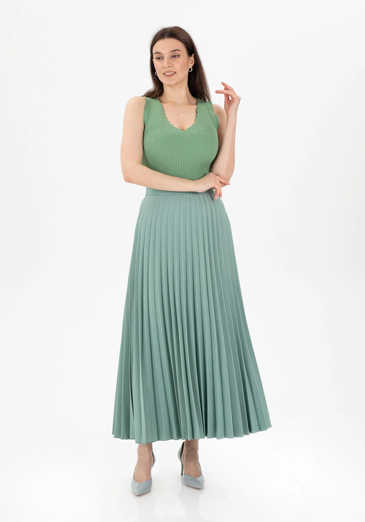 Pleated Ankle Length Skirt - Maxi Skirt Elastic Waist Band