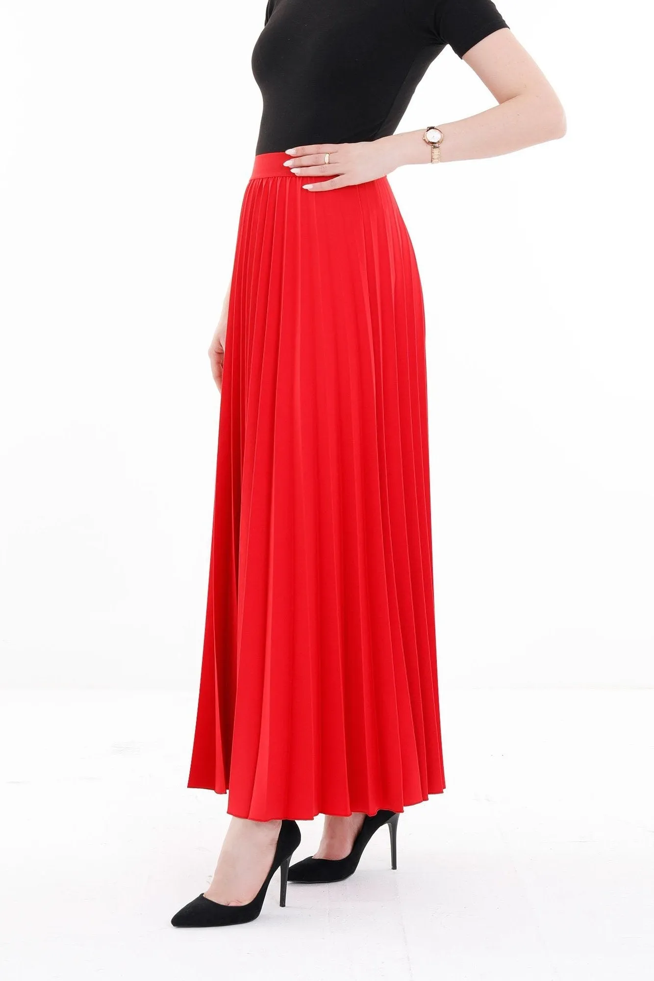 Pleated Ankle Length Skirt - Maxi Skirt Elastic Waist Band