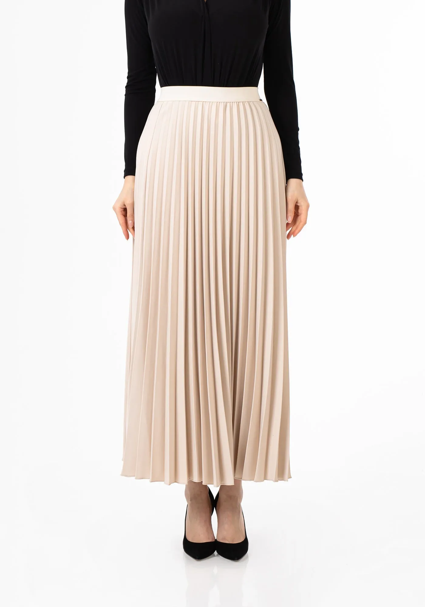 Pleated Ankle Length Skirt - Maxi Skirt Elastic Waist Band