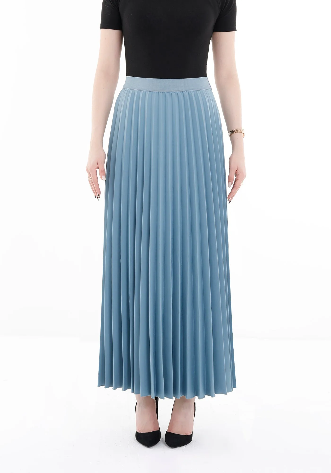 Pleated Ankle Length Skirt - Maxi Skirt Elastic Waist Band