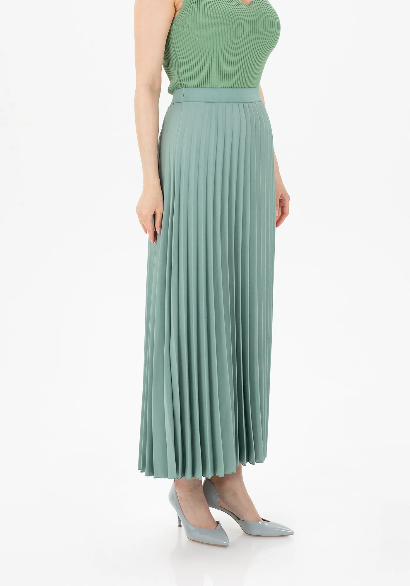 Pleated Ankle Length Skirt - Maxi Skirt Elastic Waist Band