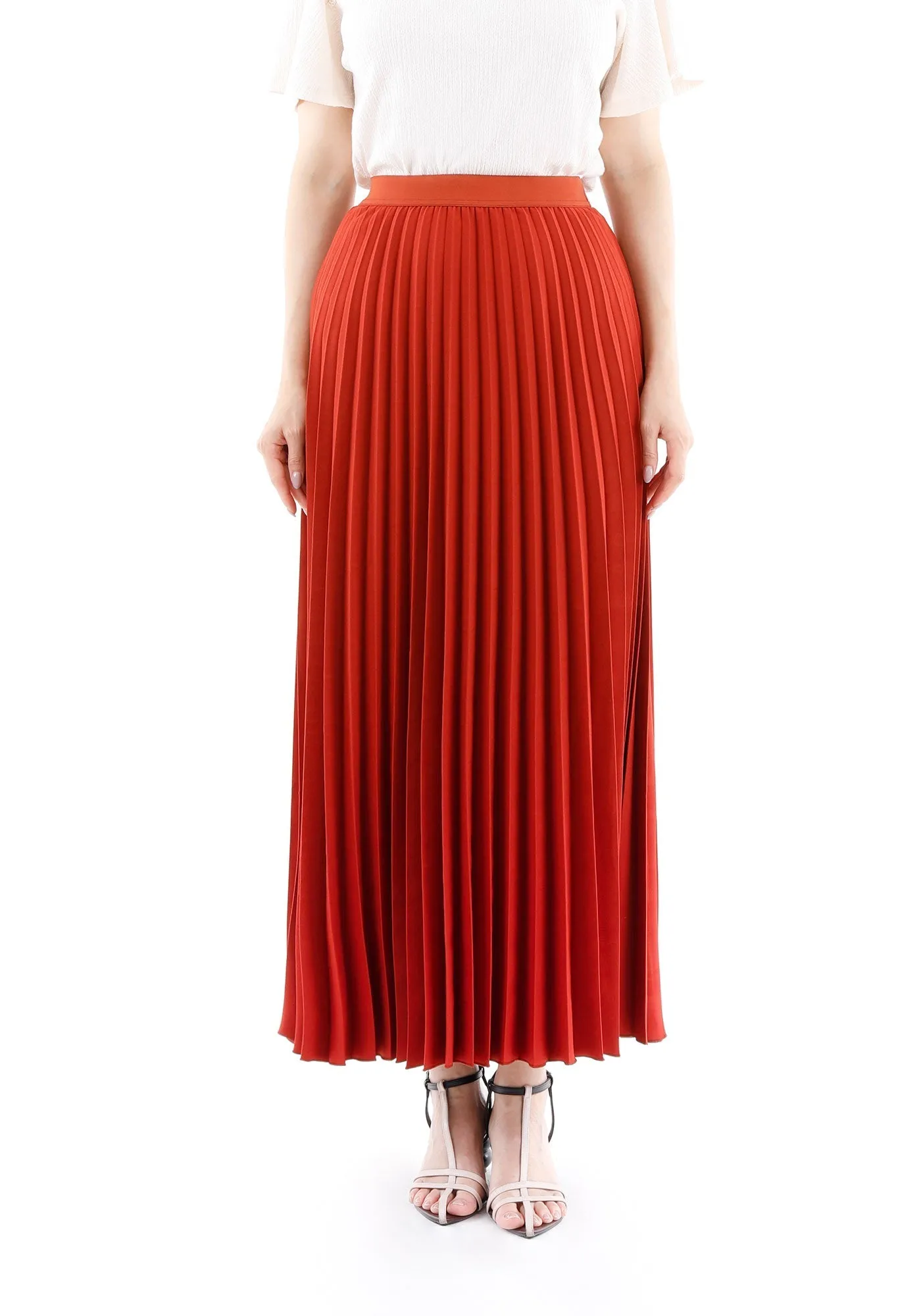 Pleated Ankle Length Skirt - Maxi Skirt Elastic Waist Band