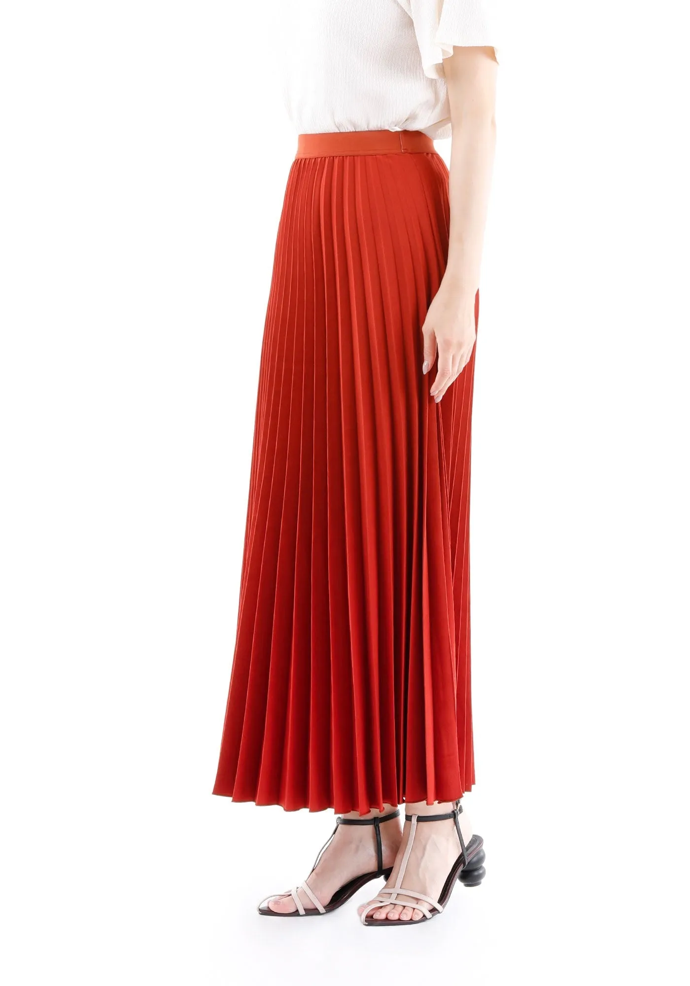 Pleated Ankle Length Skirt - Maxi Skirt Elastic Waist Band