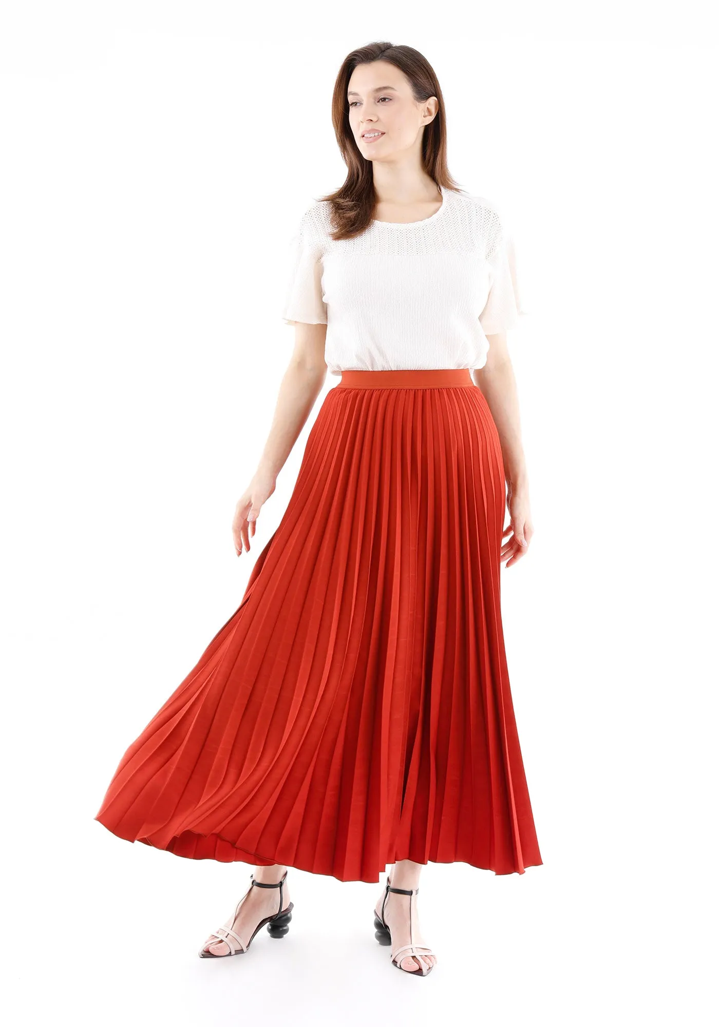 Pleated Ankle Length Skirt - Maxi Skirt Elastic Waist Band