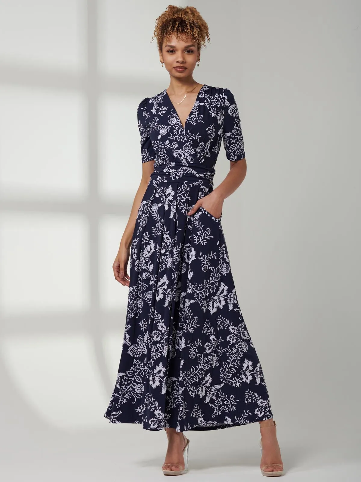 Pleated Jersey Maxi Dress, Navy White Floral