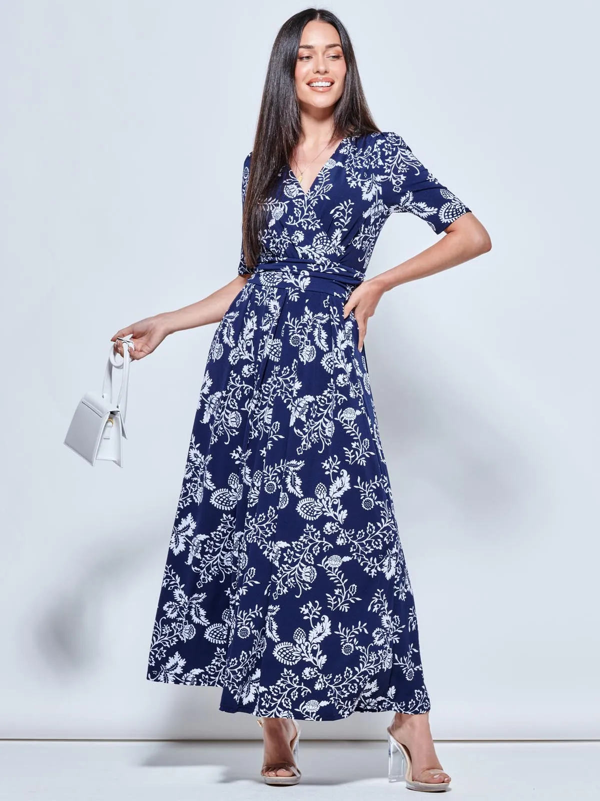 Pleated Jersey Maxi Dress, Navy White Floral