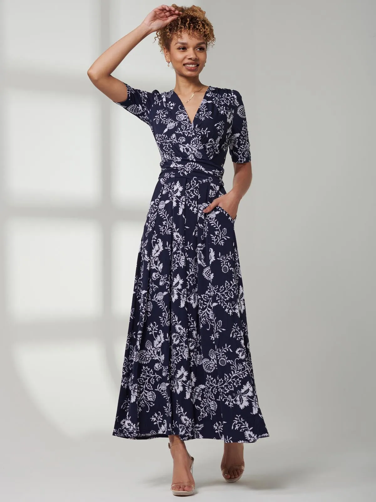 Pleated Jersey Maxi Dress, Navy White Floral