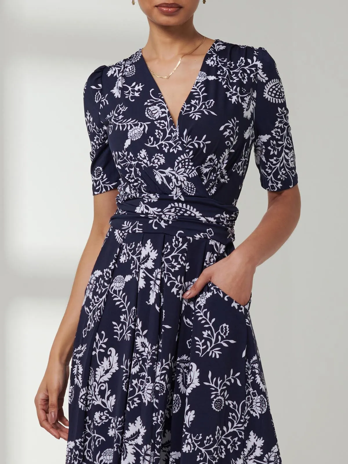 Pleated Jersey Maxi Dress, Navy White Floral