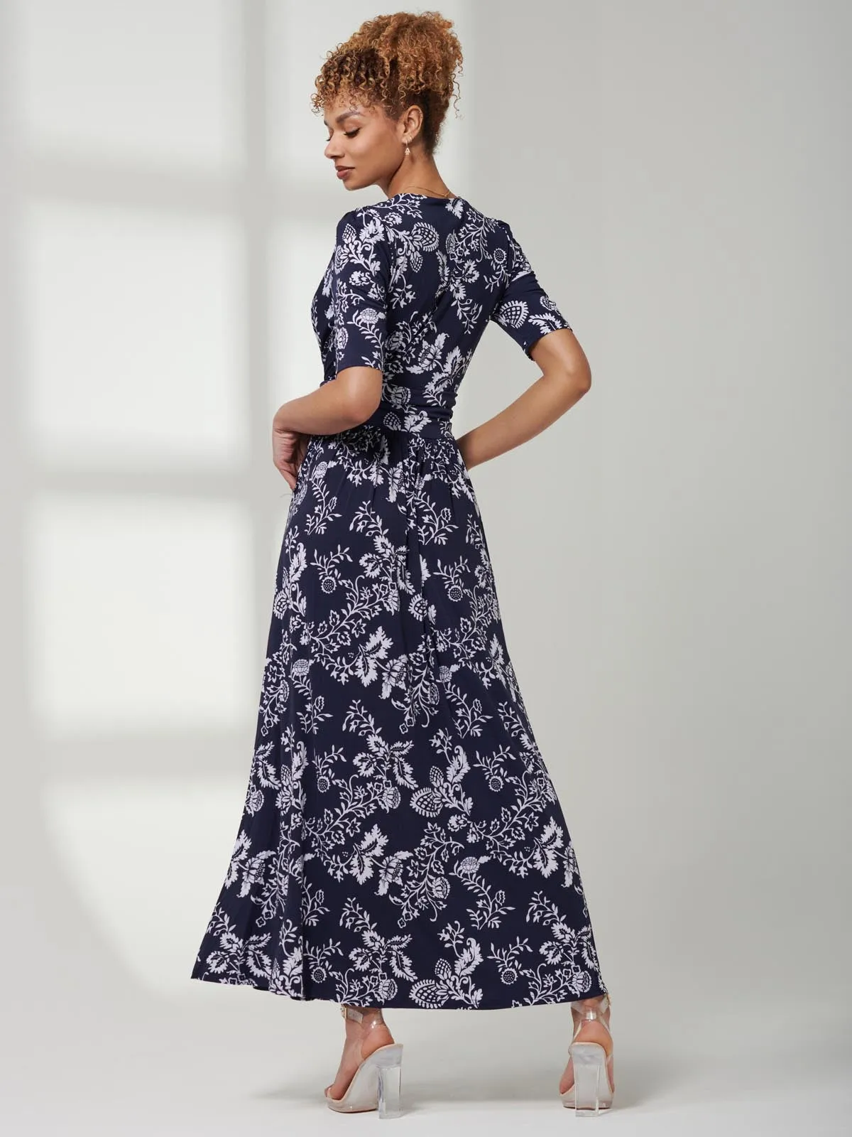 Pleated Jersey Maxi Dress, Navy White Floral