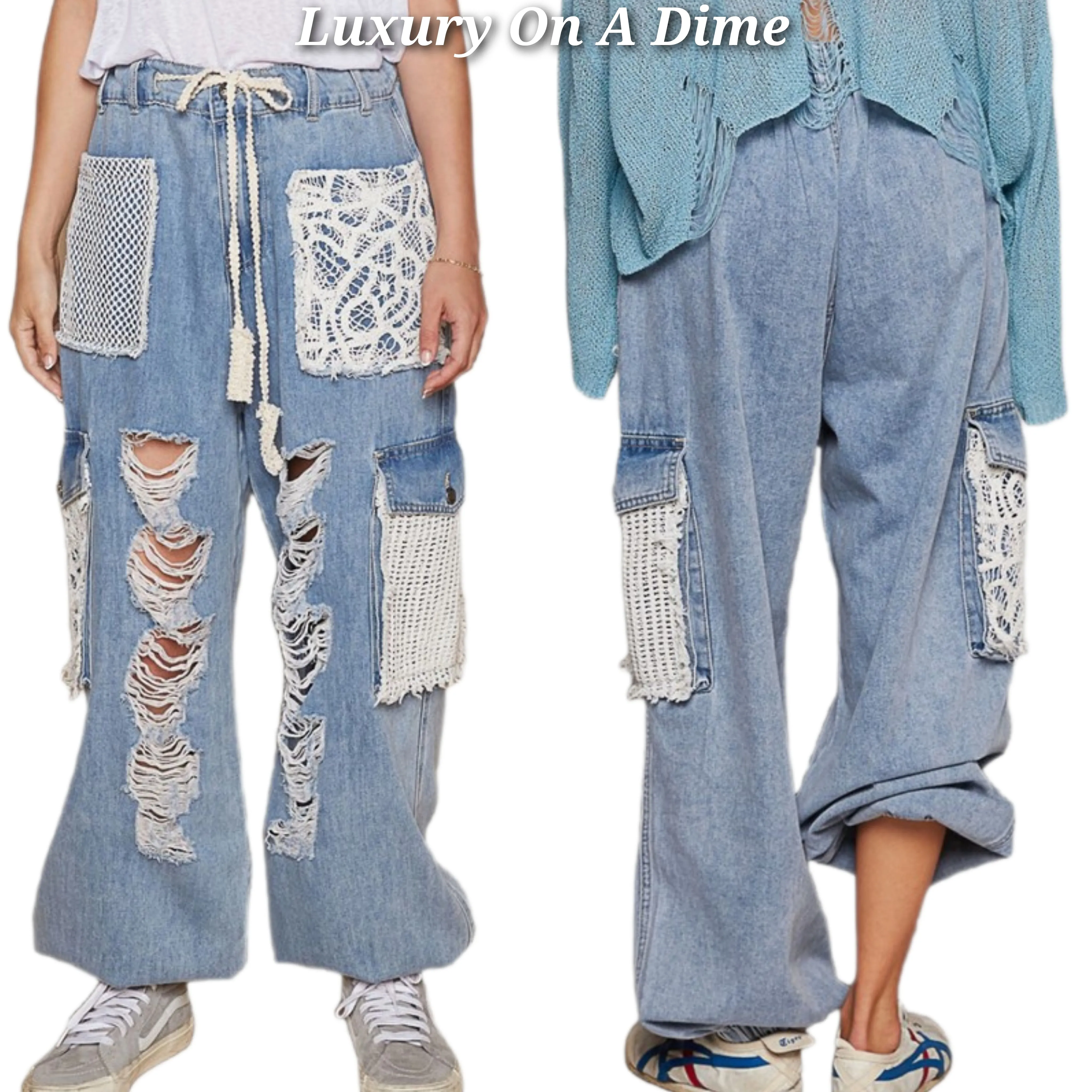 POL Lace Crochet Cargo Denim Patchwork Drawstring Wide Leg Ankle Jogger Jean Pants