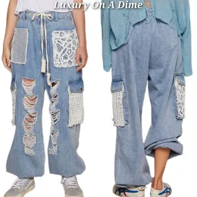 POL Lace Crochet Cargo Denim Patchwork Drawstring Wide Leg Ankle Jogger Jean Pants