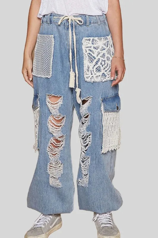 POL Lace Crochet Cargo Denim Patchwork Drawstring Wide Leg Ankle Jogger Jean Pants