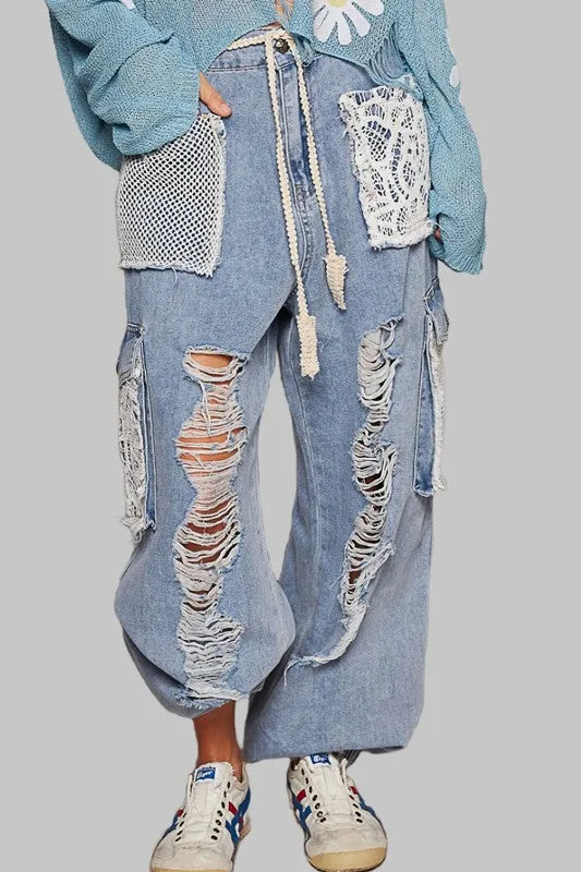 POL Lace Crochet Cargo Denim Patchwork Drawstring Wide Leg Ankle Jogger Jean Pants