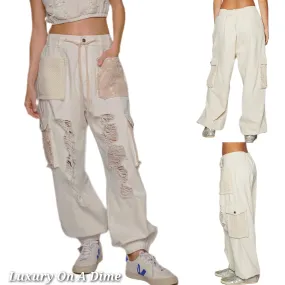 POL Lace Crochet Cargo Patchwork High-Rise Drawstring Wide Leg Ankle Jogger Pants