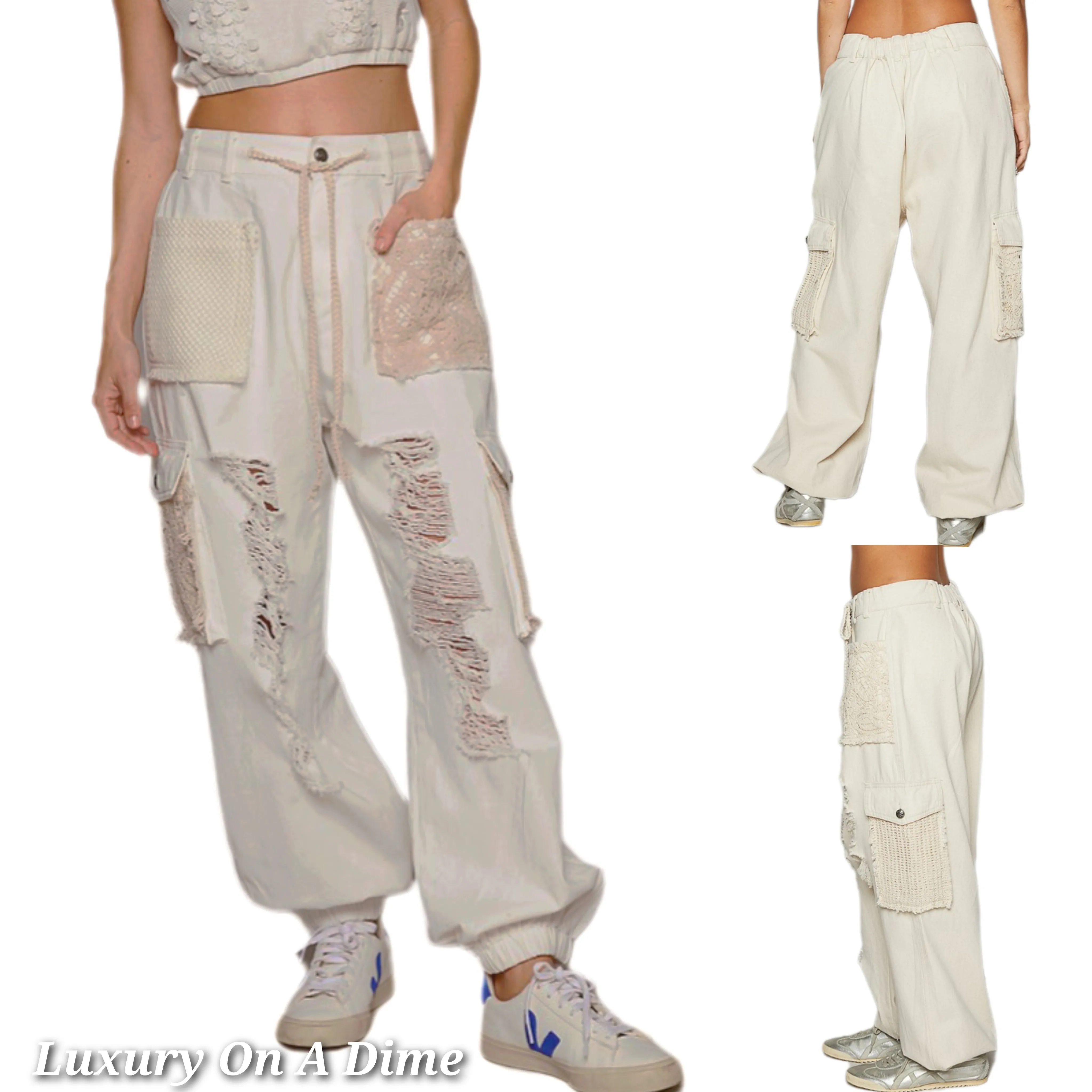 POL Lace Crochet Cargo Patchwork High-Rise Drawstring Wide Leg Ankle Jogger Pants