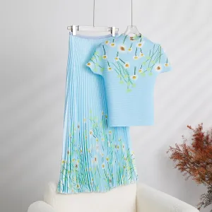 Pre Order:  Chic Floral Sky Blue Drapey 2 Piece Top and Skirt Set