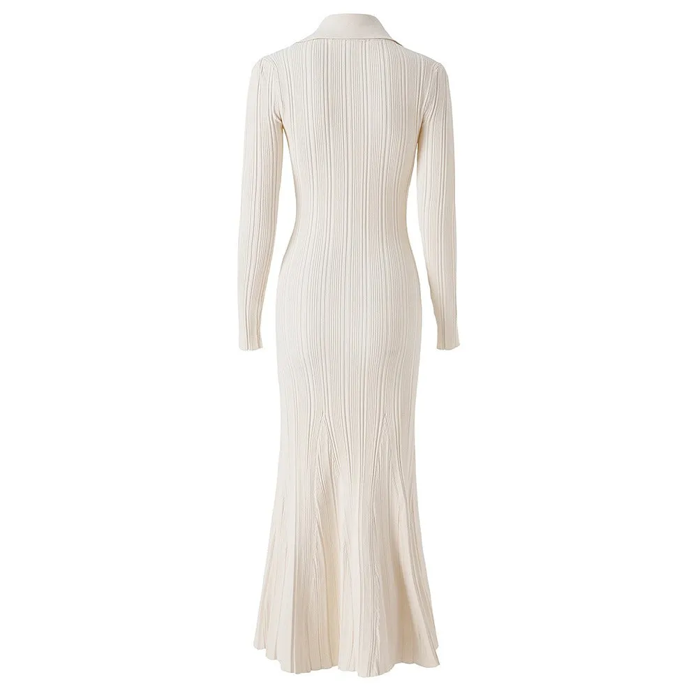 Pre Order:  Knitted Diamond Button Pleated Long Sleeved Dress