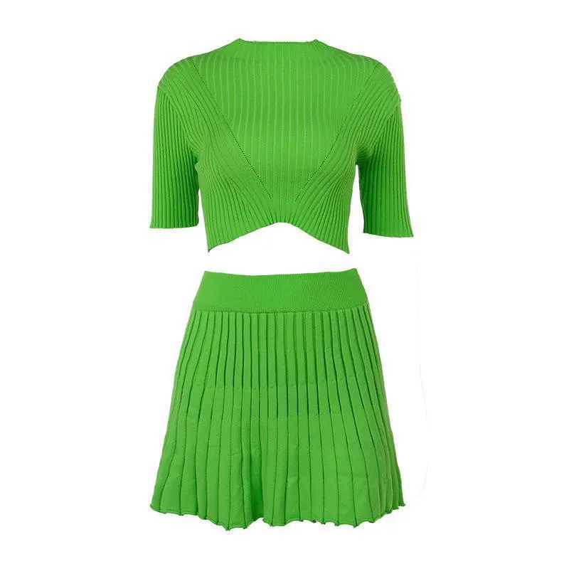 Pre Order:  Solid Pleated Crop Shirt   Pleated Skirt Set