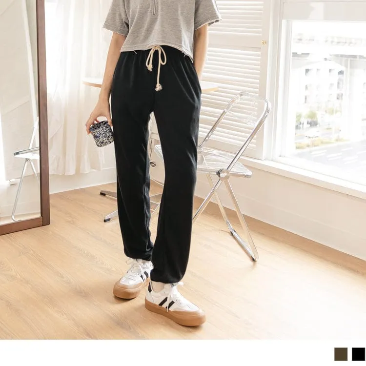 PURE COLOR DRAWSTRING WAIST CASUAL LONG PANTS