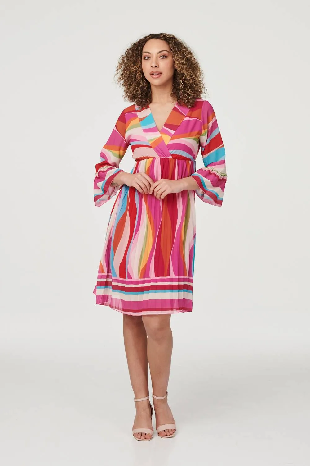 Retro Print 3/4 Sleeve Pleated Dress