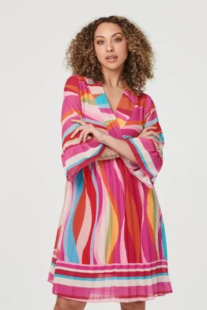 Retro Print 3/4 Sleeve Pleated Dress