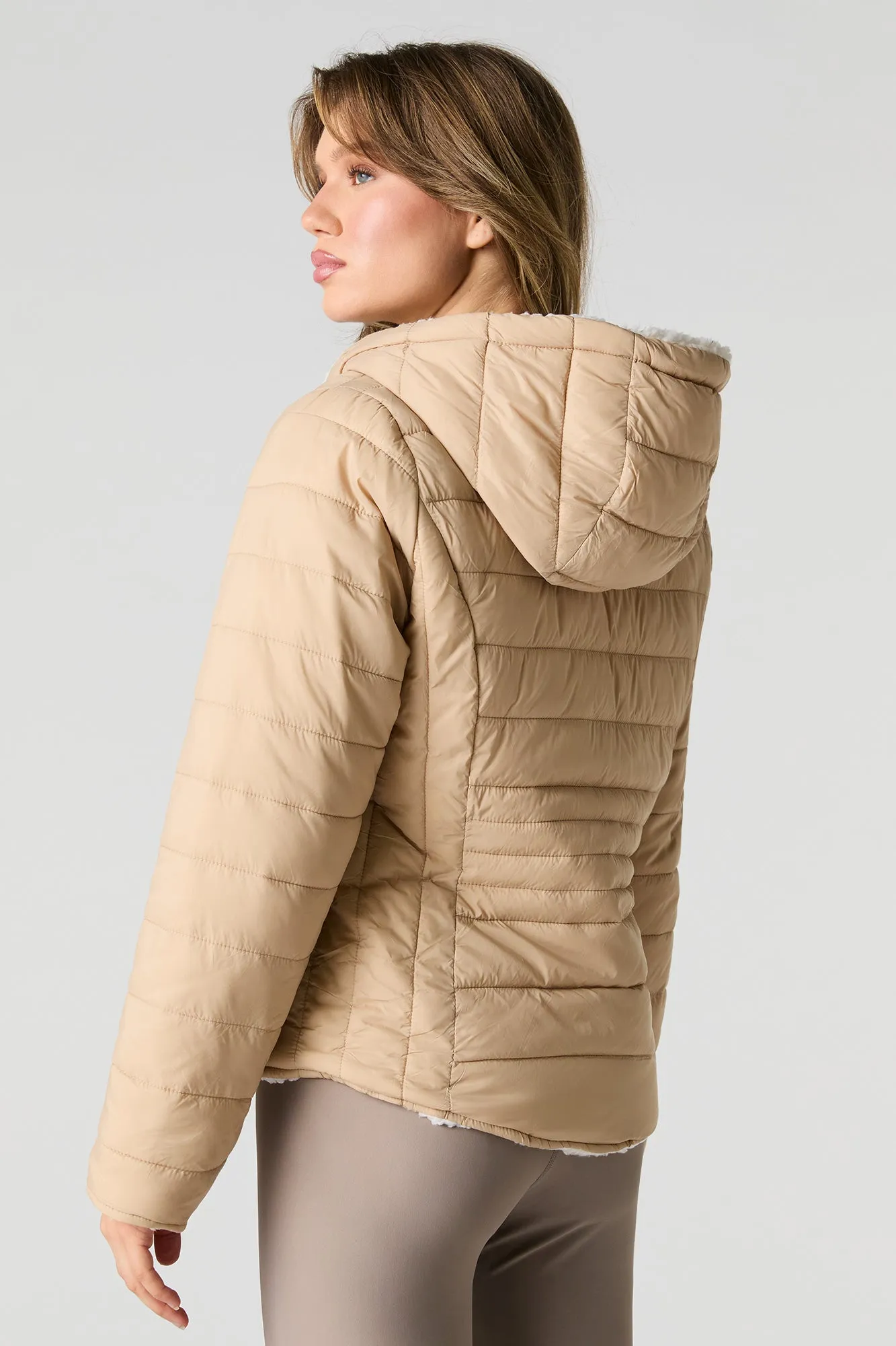 Reversible Sherpa & Nylon Puffer Jacket