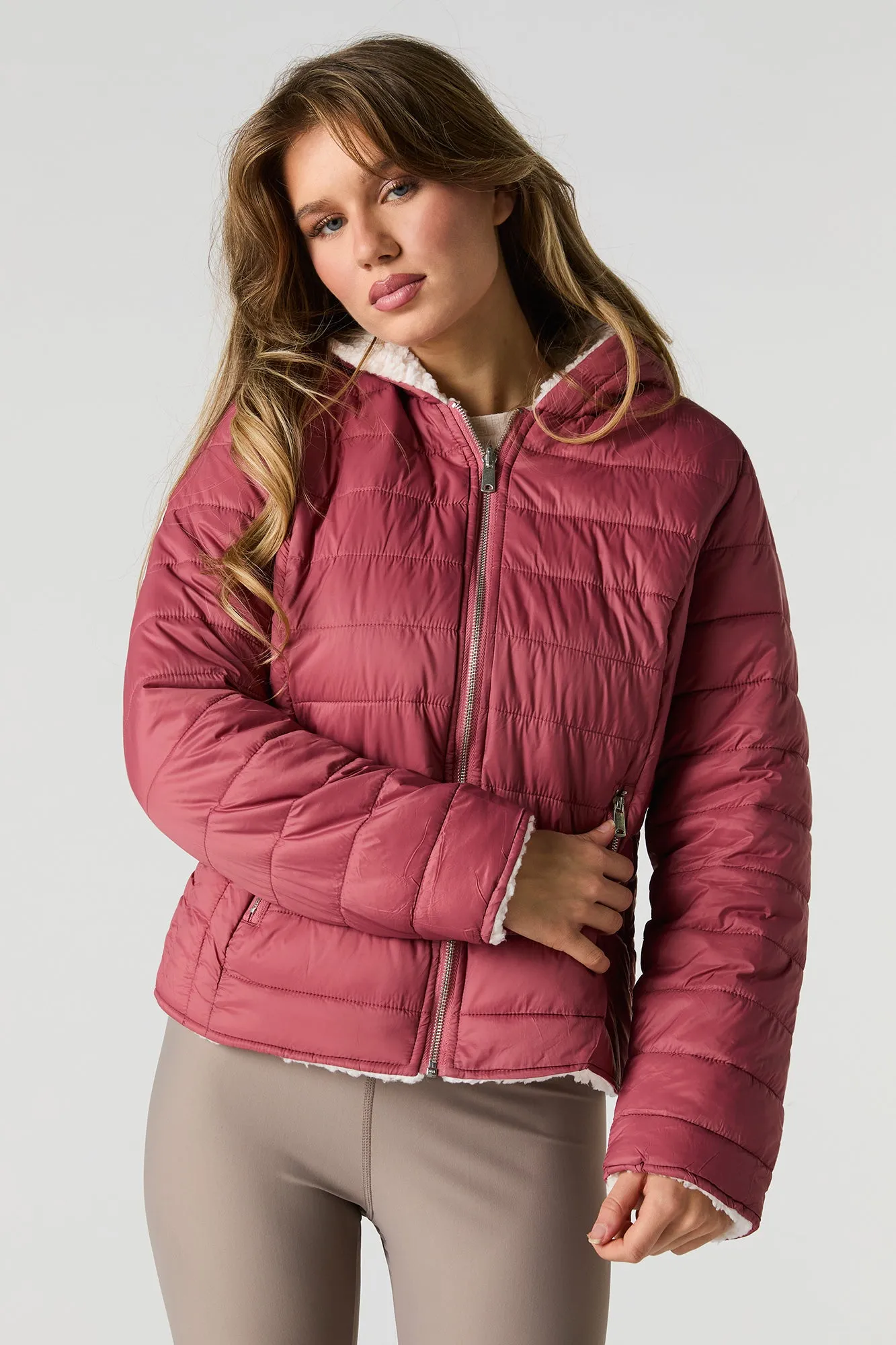 Reversible Sherpa & Nylon Puffer Jacket