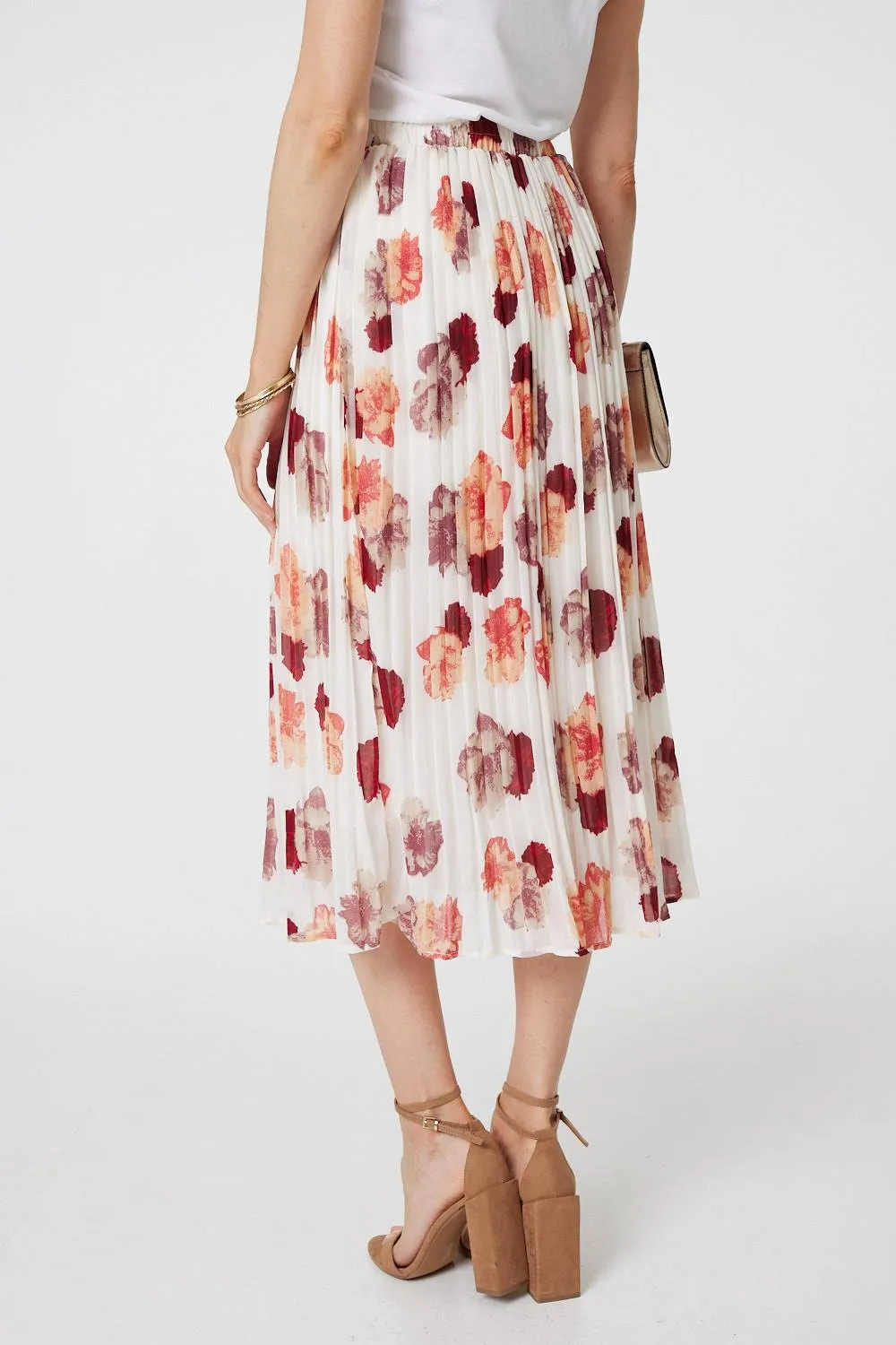 Rose Print Pleated High Waist Midi Skirt