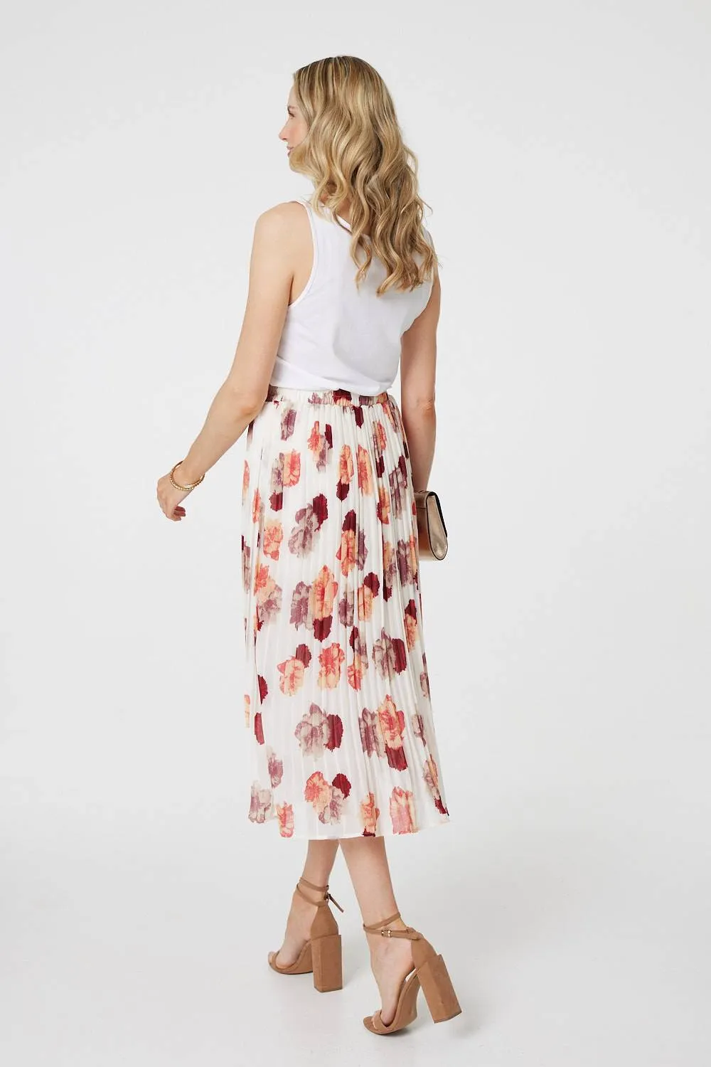 Rose Print Pleated High Waist Midi Skirt