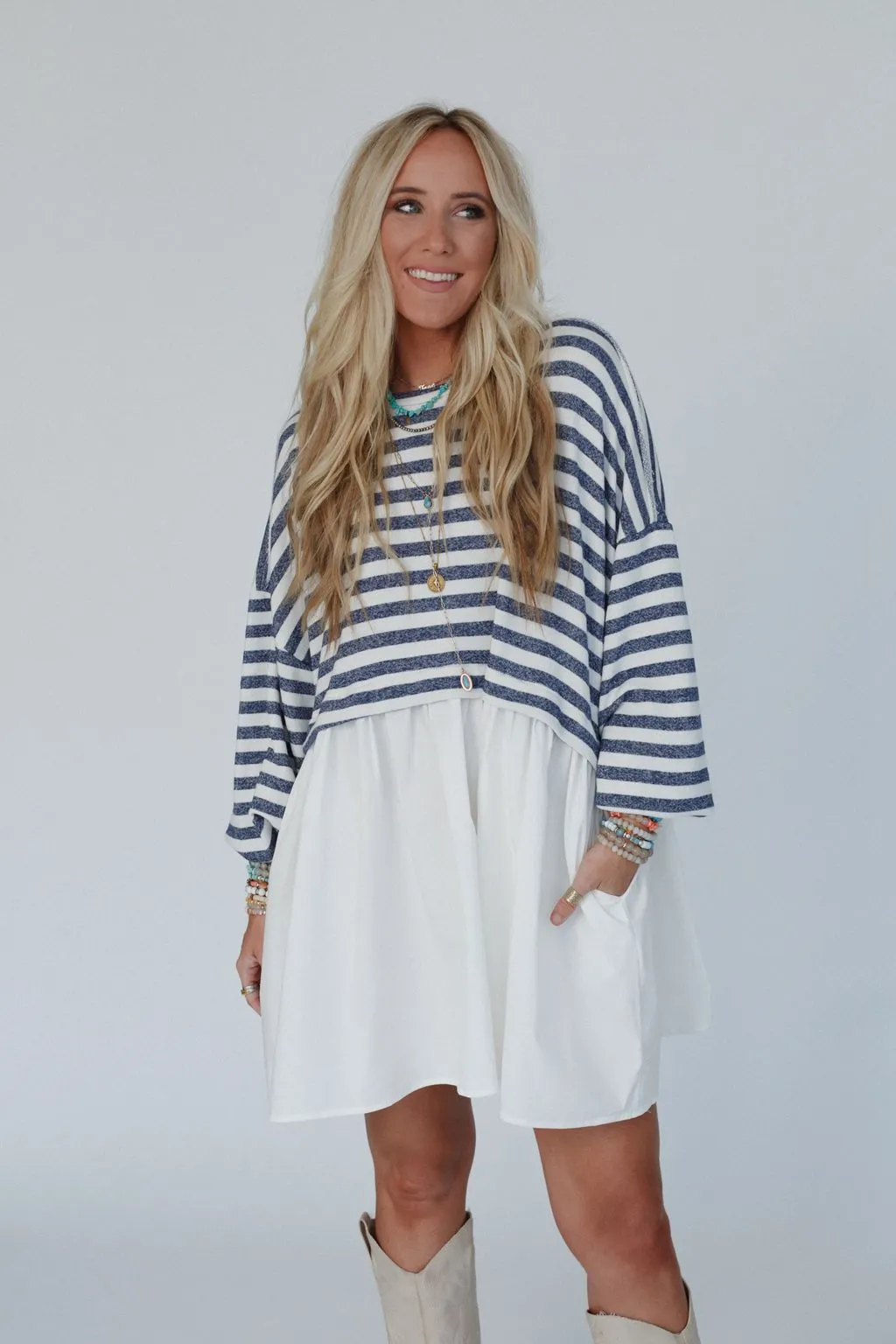 Sailing Away Stripe Contrast Dress - Navy