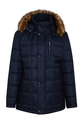 Slim Fit Eagle Furry Hooded Navy Coat, Navy