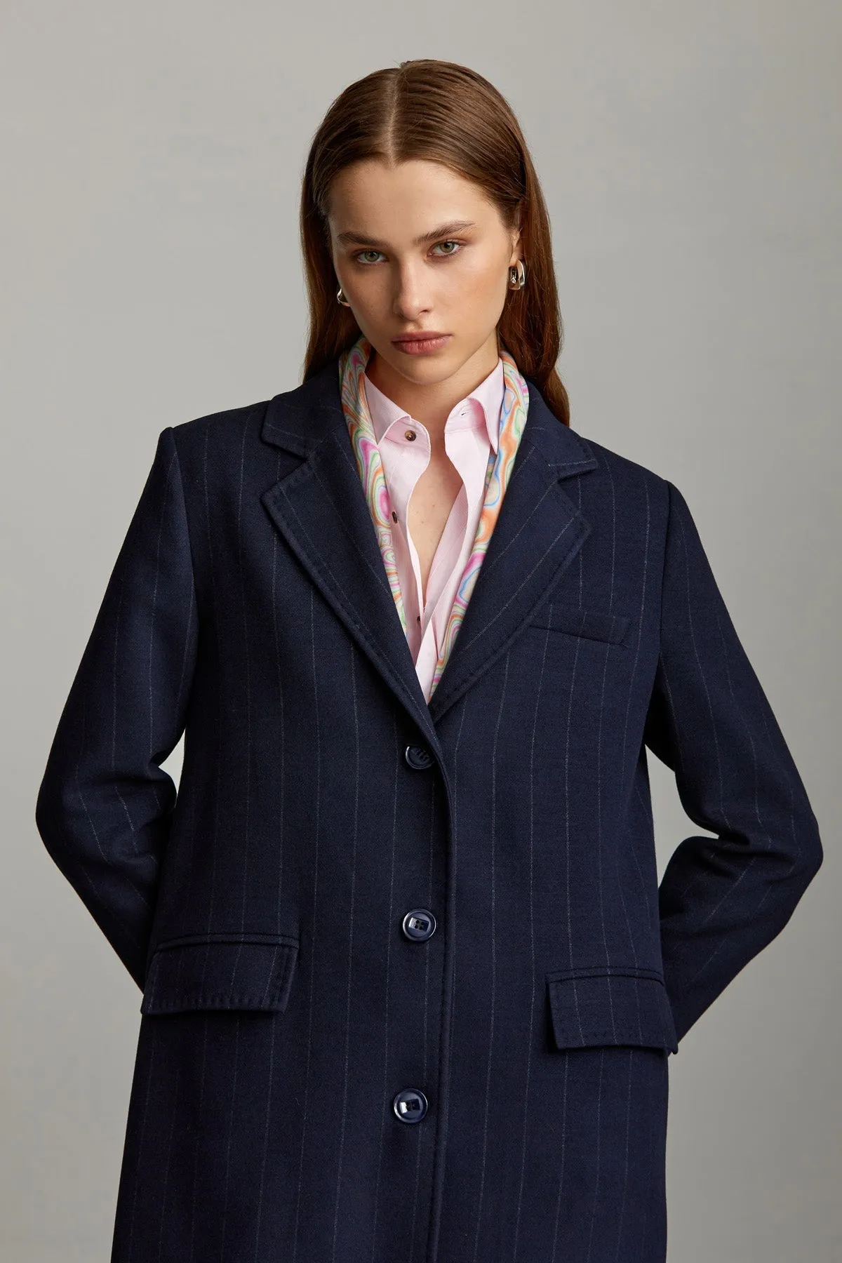 Slim Fit Isabella Striped Notch Lapel Navy Coat