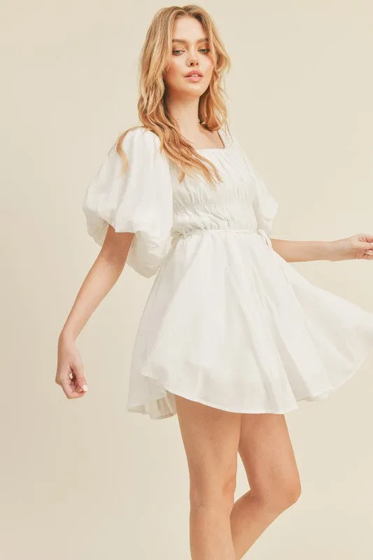 Soft White Bubble Sleeve Flared Mini Dress