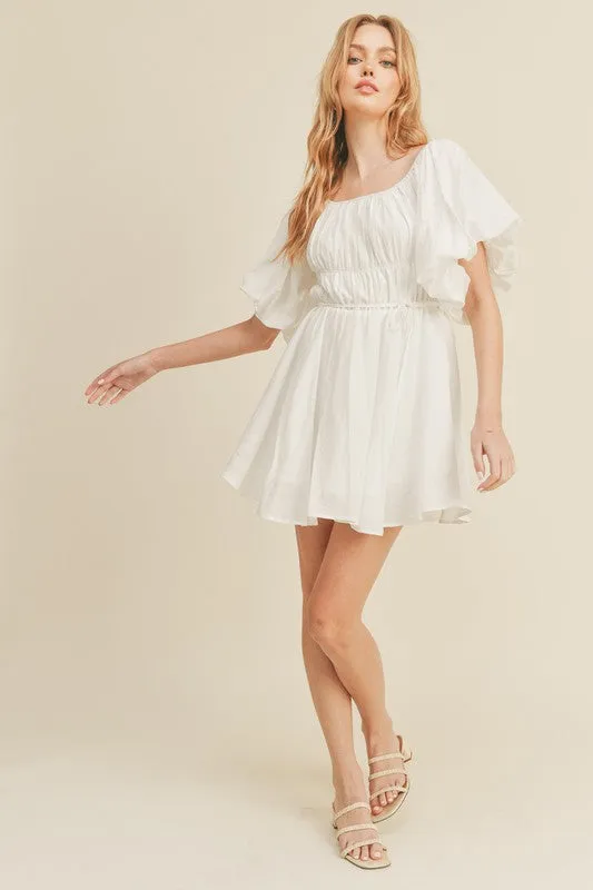 Soft White Bubble Sleeve Flared Mini Dress