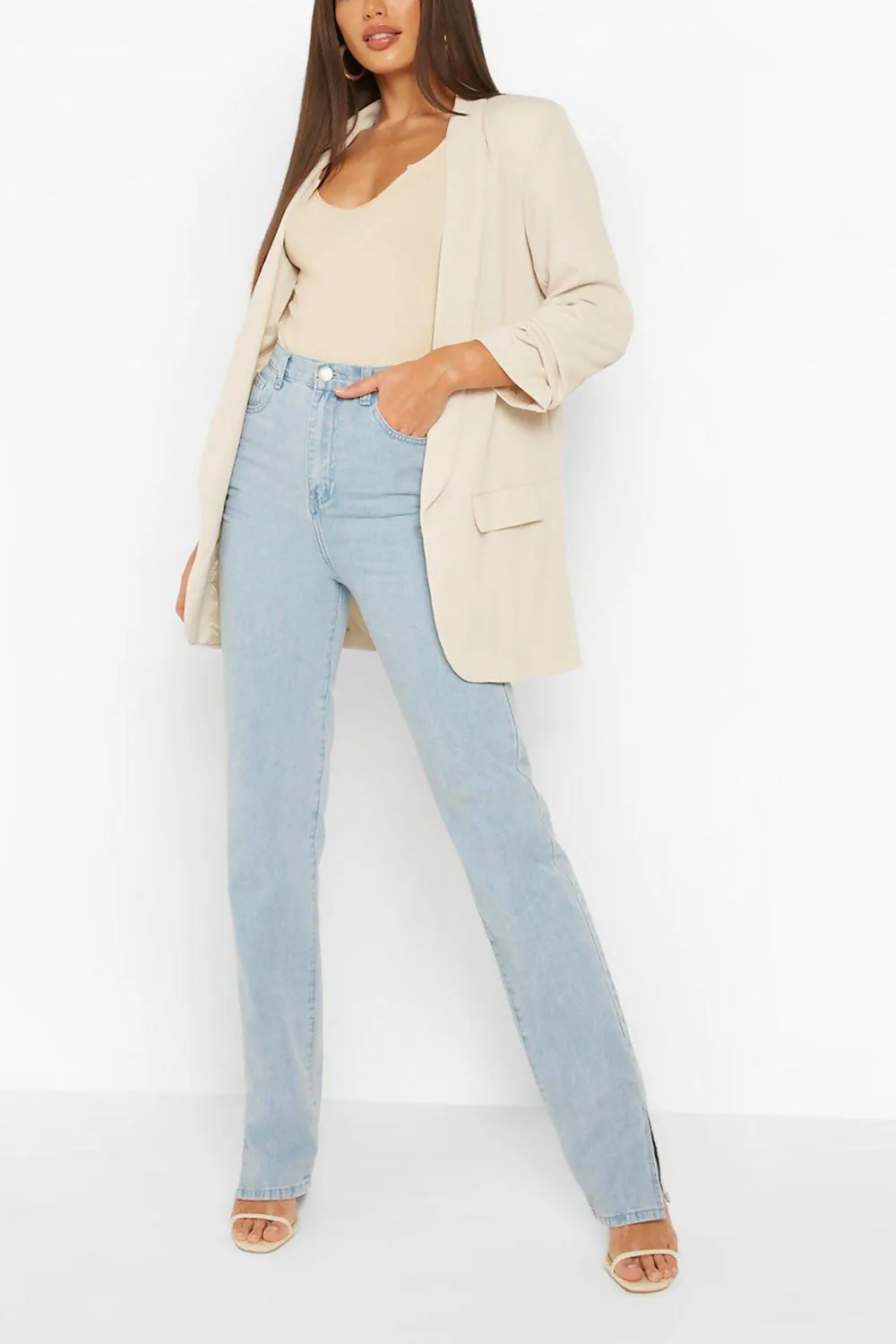 STONE RUCHED SLEEVE BLAZER