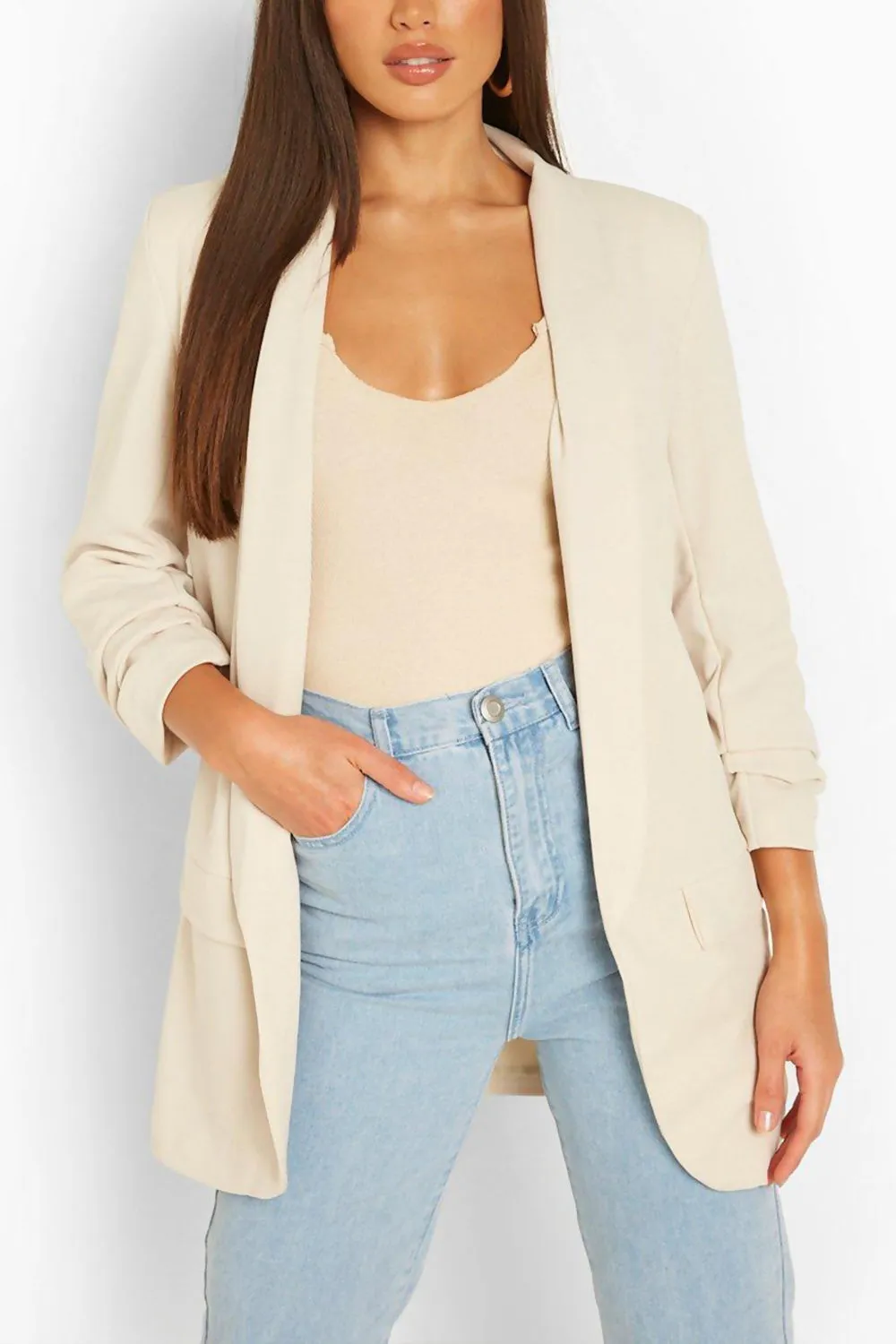 STONE RUCHED SLEEVE BLAZER