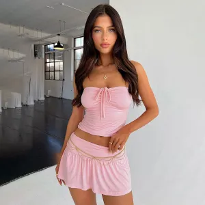 Strapless Drawstring Tied Knot Crop Top & Pleated Mini Skirt Set