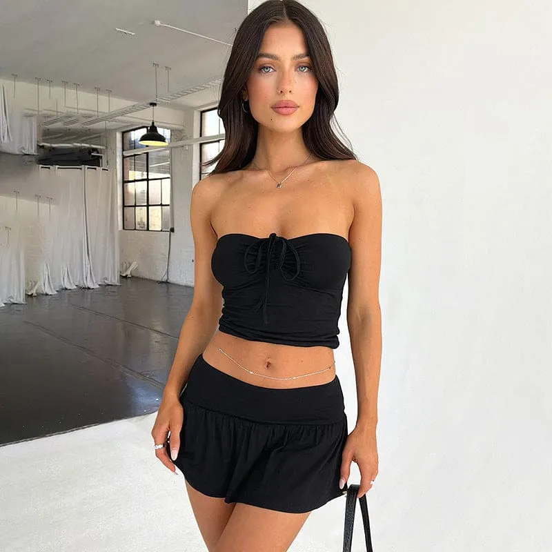 Strapless Drawstring Tied Knot Crop Top & Pleated Mini Skirt Set