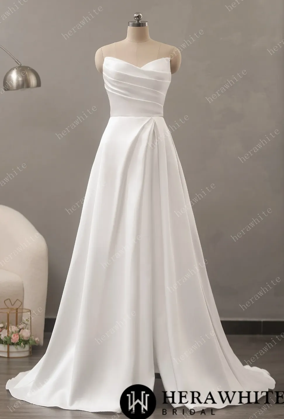 Strapless Mikado Silk A-Line Wedding Dress with Pleated Bodice