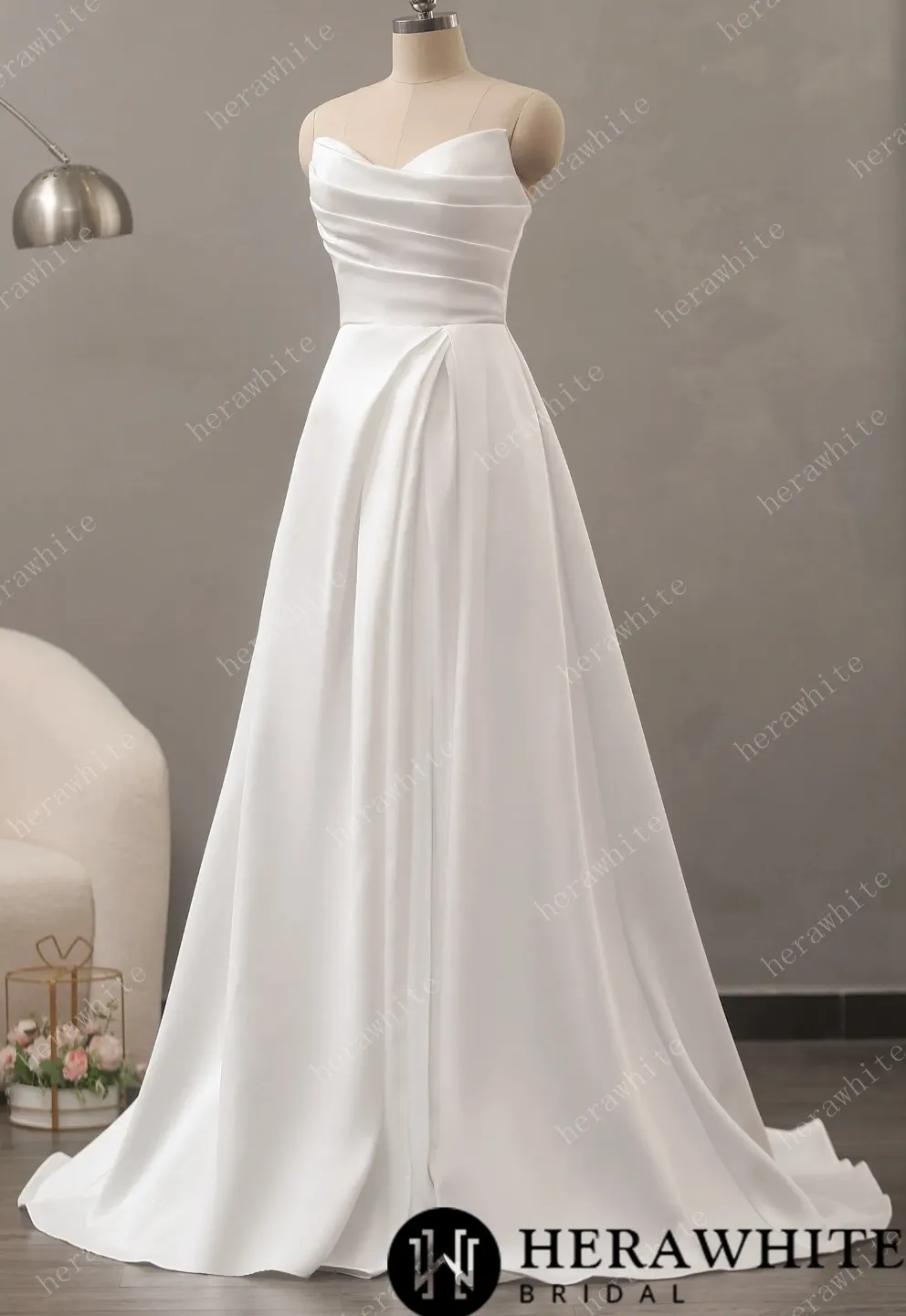 Strapless Mikado Silk A-Line Wedding Dress with Pleated Bodice