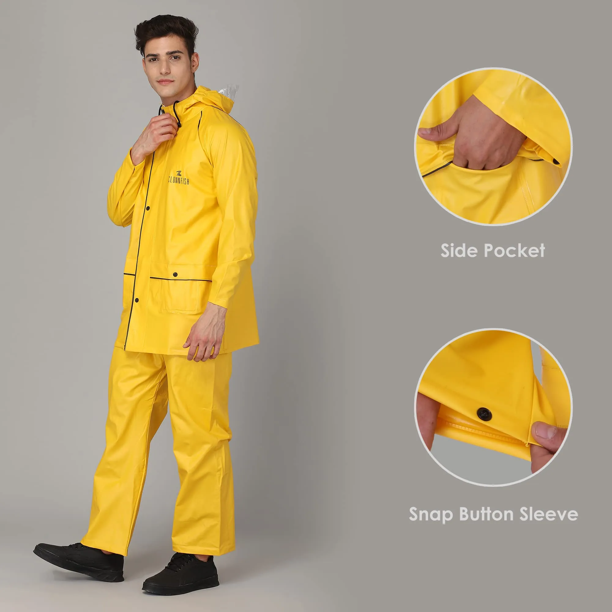 STRAUSS THE CLOWNFISH Roberto Series PVC Rain Coat for Men Waterproof for Bike with Hood Raincoat. Set of Top and Bottom Packed in a matching Storage Bag (Yellow with black piping, XX-Large)