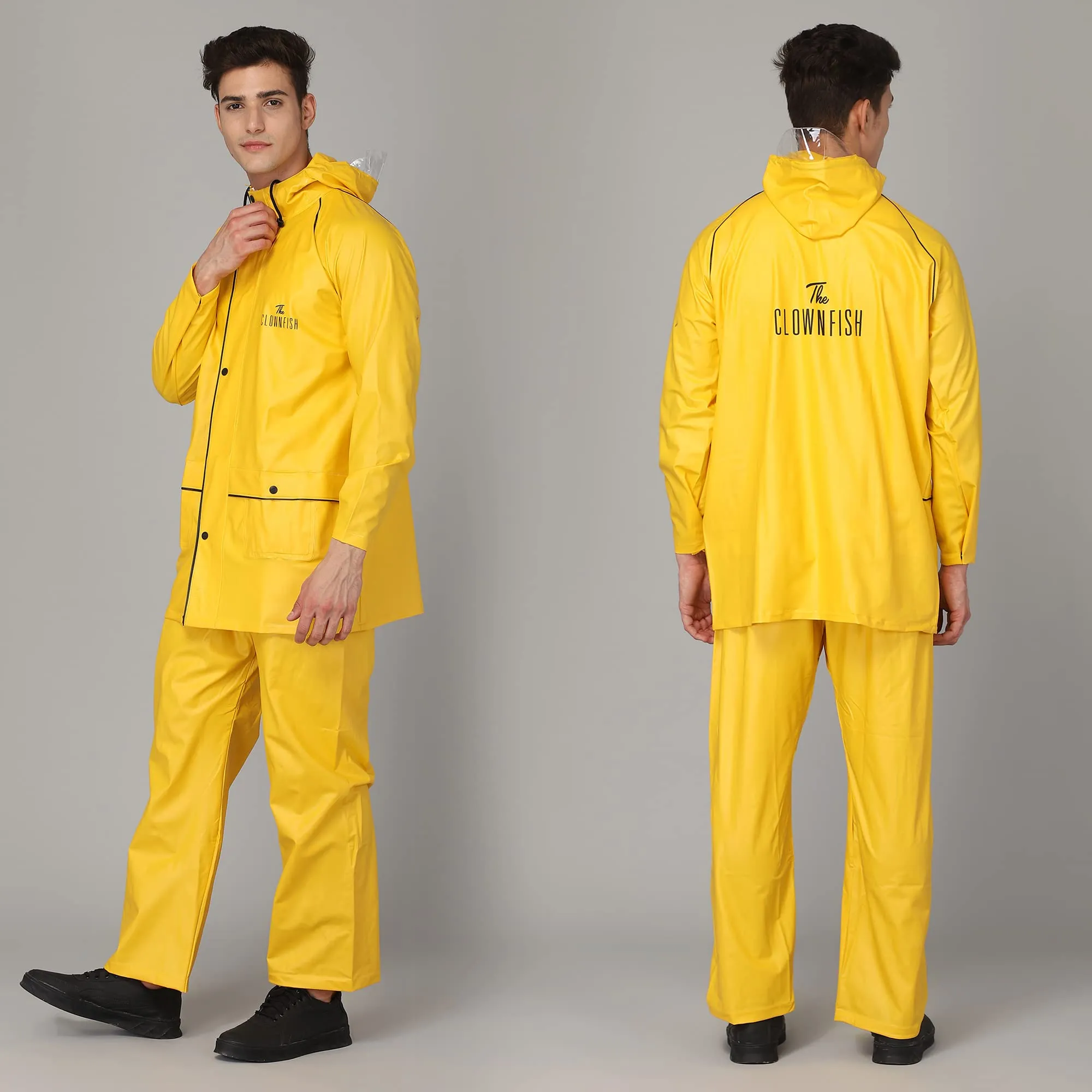 STRAUSS THE CLOWNFISH Roberto Series PVC Rain Coat for Men Waterproof for Bike with Hood Raincoat. Set of Top and Bottom Packed in a matching Storage Bag (Yellow with black piping, XX-Large)