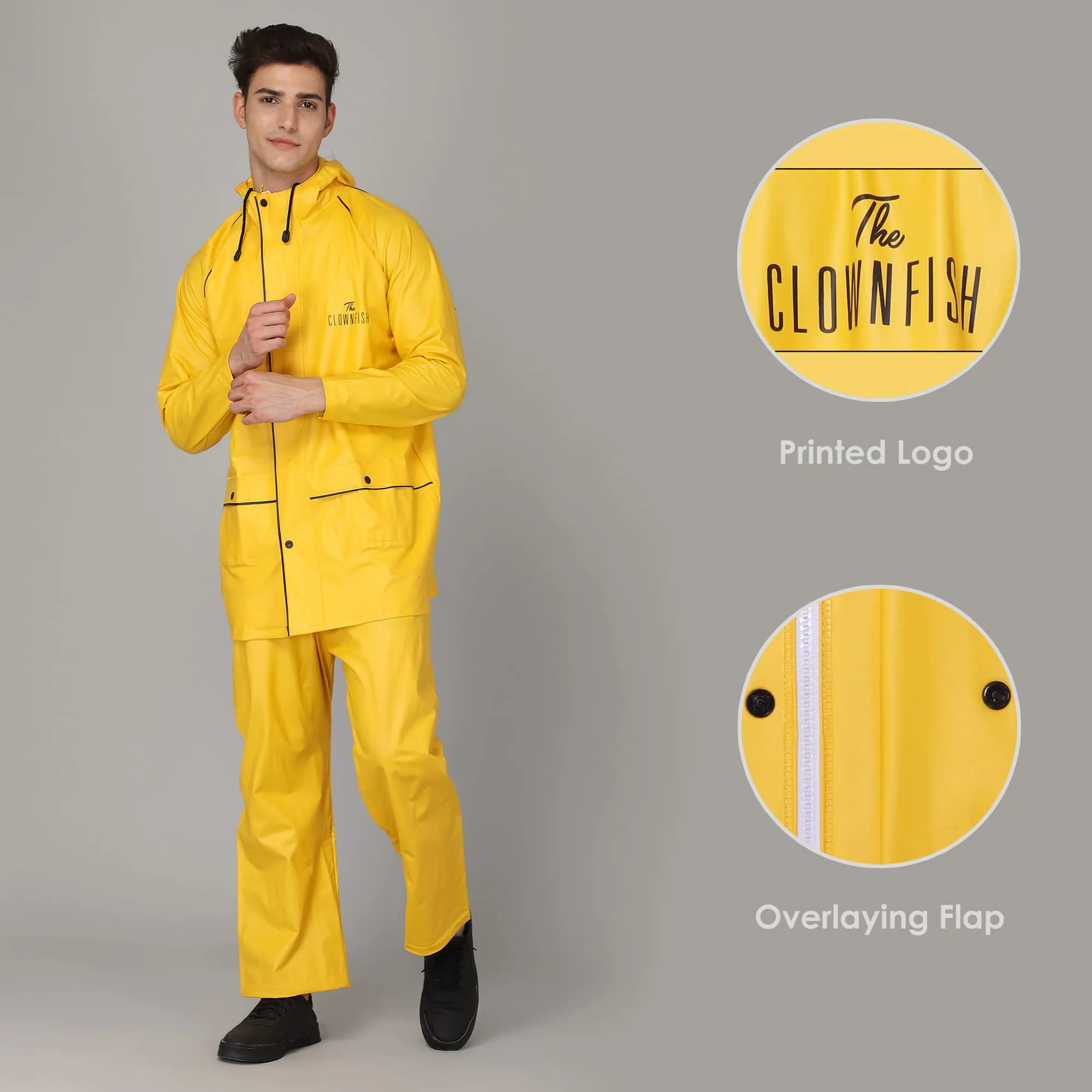 STRAUSS THE CLOWNFISH Roberto Series PVC Rain Coat for Men Waterproof for Bike with Hood Raincoat. Set of Top and Bottom Packed in a matching Storage Bag (Yellow with black piping, XX-Large)