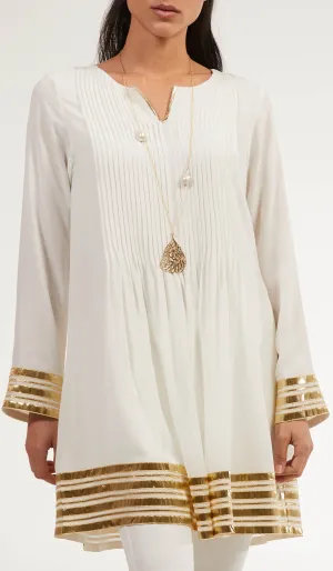 Sultana Gold Embellished Long Modest Tunic - Off White