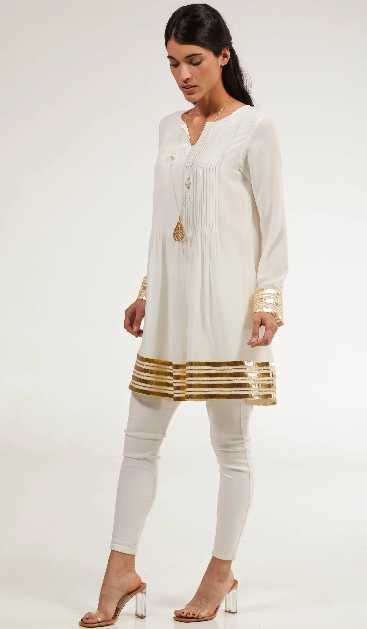 Sultana Gold Embellished Long Modest Tunic - Off White