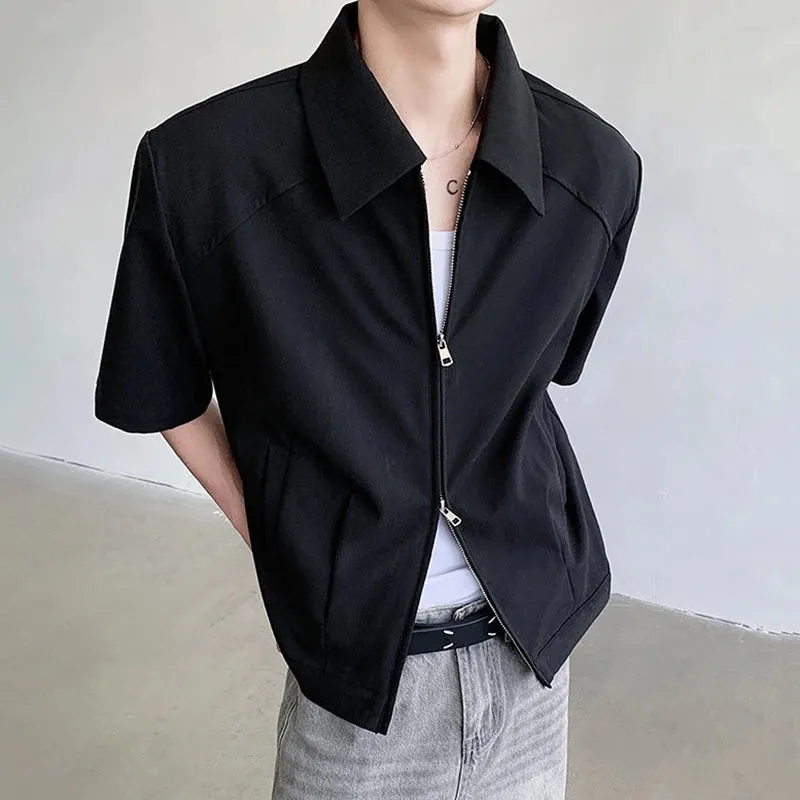 Summer Men's Jacket Simple Handsome Short Sleeve Coat Double Zipper Design Lapel Fashion Solid Color Male Top 9C5896